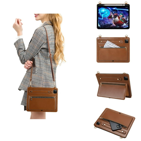 Dteck Case for iPad Pro 13 Inch 2024 M4 A2925 A2926 with Pencil Holder Pocket, Business PU Leather Crossbody Strap Handbag Case,Brown