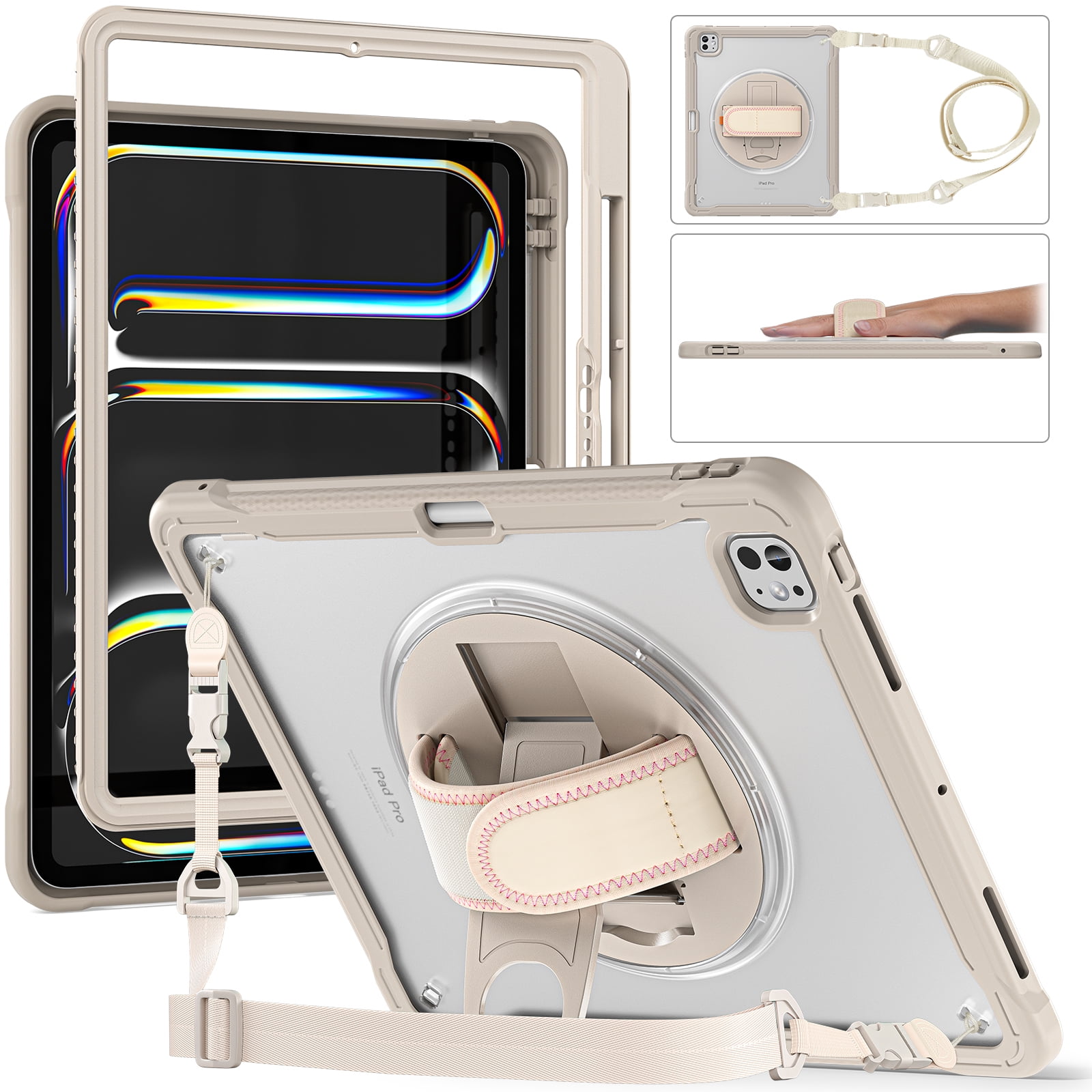 Dteck Case for iPad Pro 13 inch M4 2024,Military Grade Shockproof Silicone Cover 360° Rotatable Stand- Shoulder Strap- Handle- Pencil Holder,Khaki