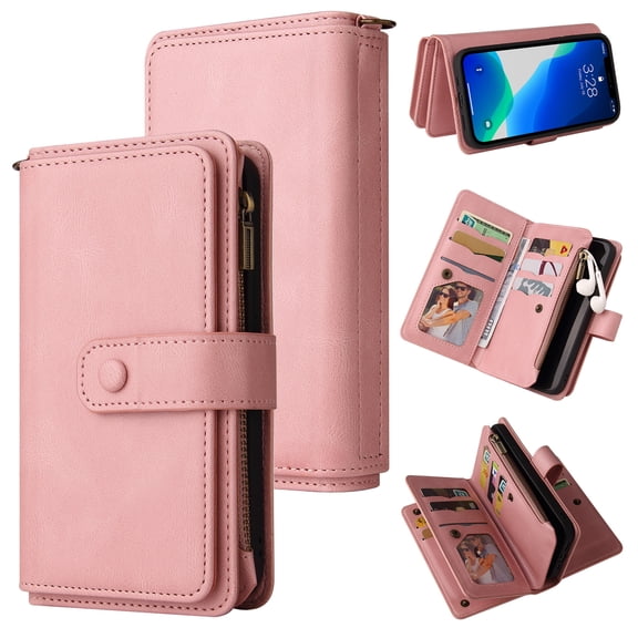 Dteck Case for iPhone 11 6.1-inch,Retro Magnetic Leather Card Holder Wallet Zipper Flip Case Kickstand Protector Purse Shockrpoof Strap Cover,Pink