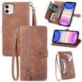 thumbnail image 1 of Dteck Case for iPhone 11,Magnetic Leather 7 Card Slots Zipper Wallet Case Shockproof Rubber Kickstand Cover with Wrist Strap, Brown, 1 of 7