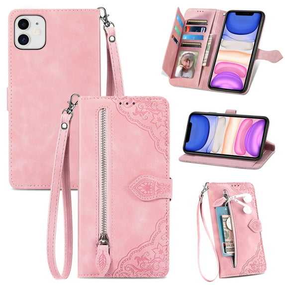 Dteck Case for iPhone 11,Magnetic Leather 7 Card Slots Zipper Wallet Case Shockproof Rubber Kickstand Cover with Wrist Strap, Pink