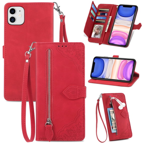Dteck Case for iPhone 11,Magnetic Leather 7 Card Slots Zipper Wallet Case Shockproof Rubber Kickstand Cover with Wrist Strap, Red