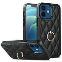 Dteck Case for iPhone 12 6.1-inch,Shockproof Leather Grid Case 360°Rotatable Ring Holder Kickstand Hybrid Rubber Cover,Black