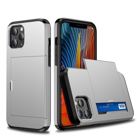 Dteck Case for iPhone 12 Pro 6.1-inch,Shockproof Rubber Case Card Holder Hybrid Dual Layer PC iPhone 12 6.1" Back Phone Protective Cover,Silver