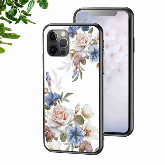 Dteck Case for iPhone 12 Pro Max 6.7 inch Case,Luxury Flower Pattern Ring Holder Stand Glass Phone Back Case Cover,A