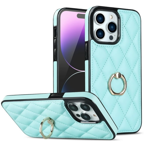 Dteck Case for iPhone 12 Pro Max 6.7-inch,Shockproof Leather Grid Case 360°Rotatable Ring Holder Kickstand Hybrid Rubber Cover,Mint