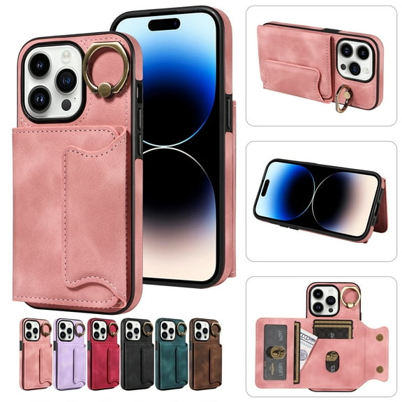 Dteck Case for iPhone 12 / iPhone 12 Pro, Retro PU Leather Wallet Case with Rotating Ring Kickstand, Slim Back Protective Cover Case 6.1 Inch,Pink