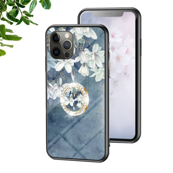 Dteck Case for iPhone 13 Pro , Luxury Flower Pattern Ring Holder Stand Glass Phone Back Case Cover For iPhone 13 Pro, 6.1 inch'Chinese rose)(