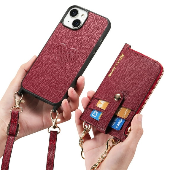 Dteck Case for iPhone 13,Shockproof Leather Back Case with Adjustable Shoulder Strap Detachable Wallet Zipper Wallet Bag Crossbody Phone Cover,Red