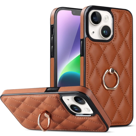 Dteck Case for iPhone 14 Plus 6.7-inch,Shockproof Leather Grid Case 360°Rotatable Ring Holder Kickstand Hybrid Rubber Cover,Brown