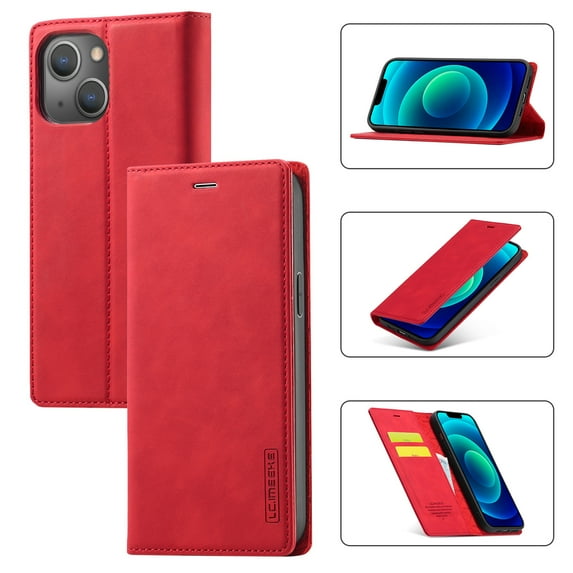 Dteck Case for iPhone 14 Plus,Shockproof Durable PU Leather Card Slot/Cash Pocket Wallet Case Hybrid Rubber Kickstand Flip Cover,Red