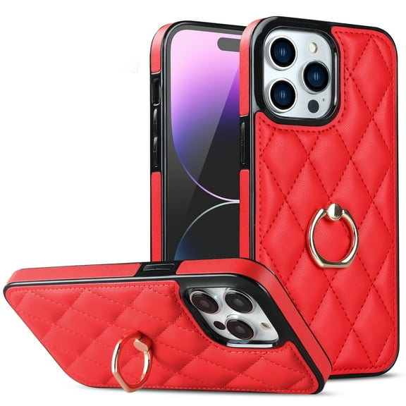 Dteck Case for iPhone 14 Pro 6.1-inch,Shockproof Leather Grid Case 360°Rotatable Ring Holder Kickstand Hybrid Rubber Cover,Red