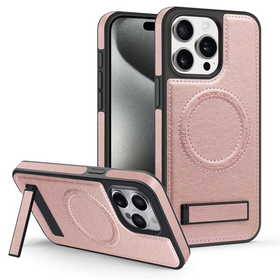 Dteck Case for iPhone 14 Pro Max,Magnetic Leather Case Built-in Invisible Stand Shockproof Rubber Kickstand Compatible with Mag Safe Cover,Rosegold