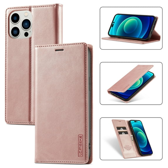 Dteck Case for iPhone 14 Pro,Shockproof Durable PU Leather Card Slot/Cash Pocket Wallet Case Hybrid Rubber Kickstand Flip Cover,Rosegold