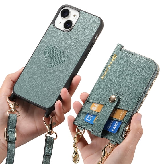 Dteck Case for iPhone 14,Shockproof Leather Back Case with Adjustable Shoulder Strap Detachable Wallet Zipper Wallet Bag Crossbody Phone Cover,Green