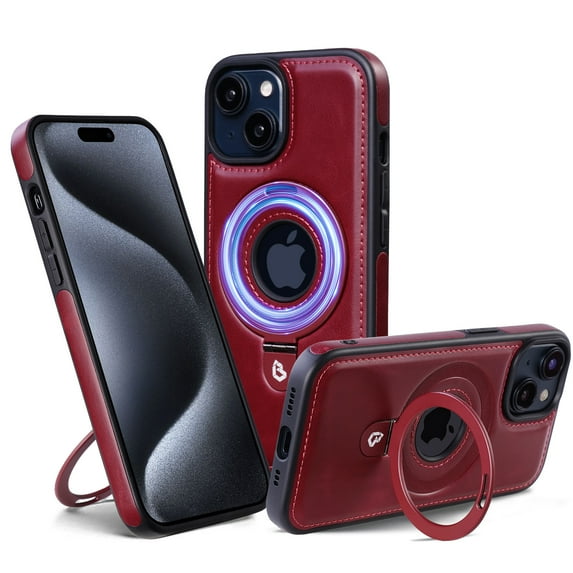 Dteck Case for iPhone 14 ,Shockproof Leather Magnetic Mag Safe Case Hybrid Rubber Built-in invisible Mag Kickstand Cover,Winered