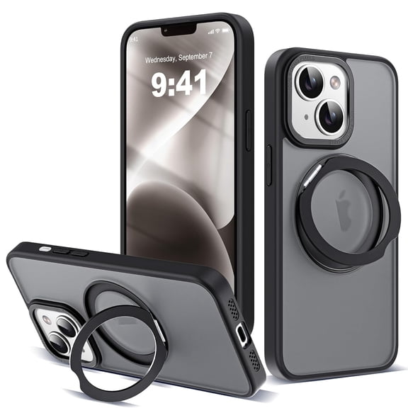 Dteck Case for iPhone 15,Magnetic Rubber Case Matte PC Mag-Safe with 360°Rotating Invisible Ring Stand Military Grade Shockproof Back Cover,Black