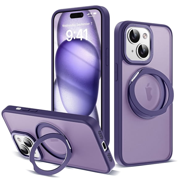 Dteck Case for iPhone 15,Magnetic Rubber Case Matte PC Mag-Safe with 360°Rotating Invisible Ring Stand Military Grade Shockproof Back Cover,Purple