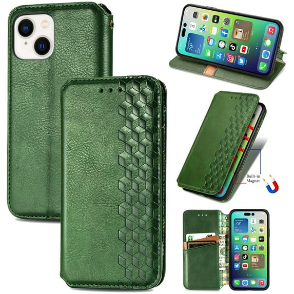 Dteck Case for iPhone 15 Plus,Magnetic Leather Card Slots Wallet Case Hybrid Rubber Shockproof Kickstand Cover,Green