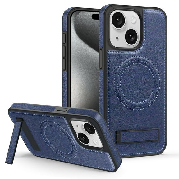 Dteck Case for iPhone 15 Plus,Magnetic Leather Case Built-in Invisible Stand Shockproof Rubber Kickstand Compatible with Mag Safe Cover,Blue