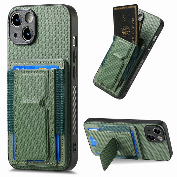 Dteck Case for iPhone 15 Plus,Shockproof Carbon Fibre Pattern Leather Case Card Slots Wallet Folding Bracket Stand Cover for iPhone 15 Plus,Green