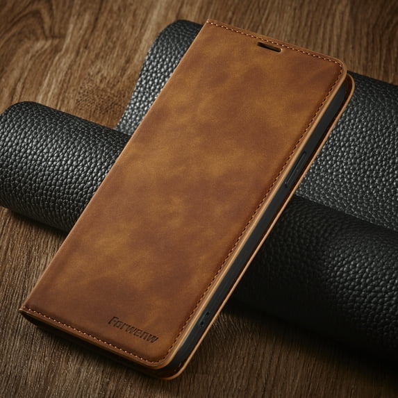 Dteck Case for iPhone 15 Pro,Magnetic Leather Built-in Card/Cash Pocket Case Shockporof TPU Kickstand Full Body Protective Cover,Brown