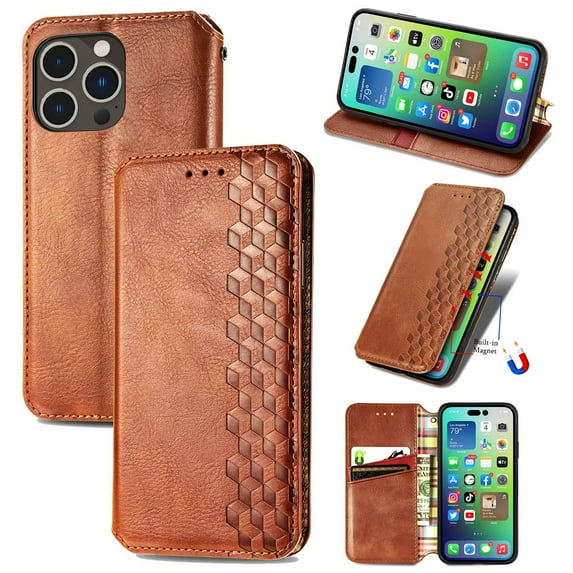 Dteck Case for iPhone 15 Pro,Magnetic Leather Card Slots Wallet Case Hybrid Rubber Shockproof Kickstand Cover,Brown