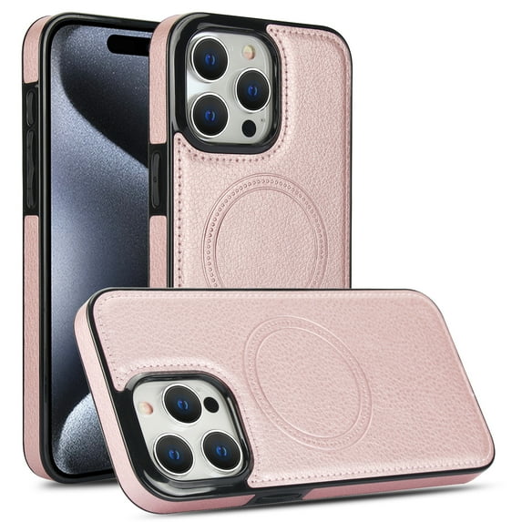 Dteck Case for iPhone 15 Pro,Magnetic Leather+Rubber Mag-Safe Case Shockproof Durable Business Slim Back Cover,Rosegold