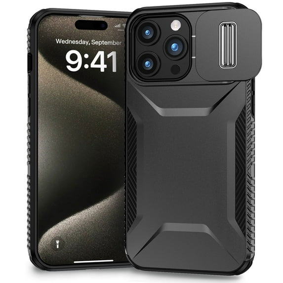 Dteck Case for iPhone 15 Pro Max,Shockproof TPU+PC Armor Case Slide Lens Protection Cover for iPhone 15 Pro Max,Black