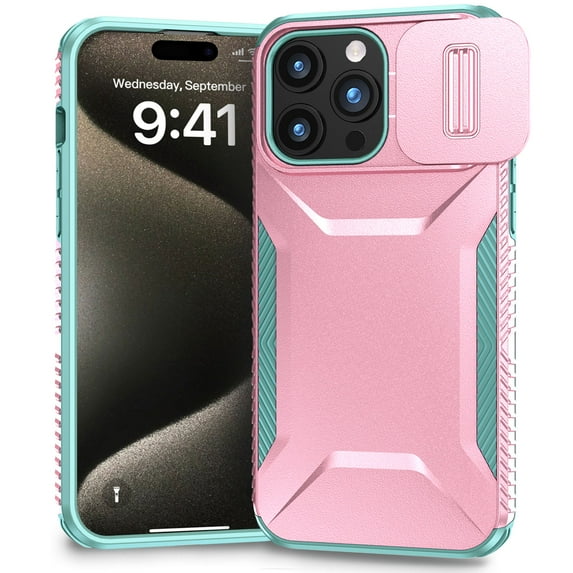 Dteck Case for iPhone 15 Pro Max,Shockproof TPU+PC Armor Case Slide Lens Protection Cover for iPhone 15 Pro Max,Rosegold