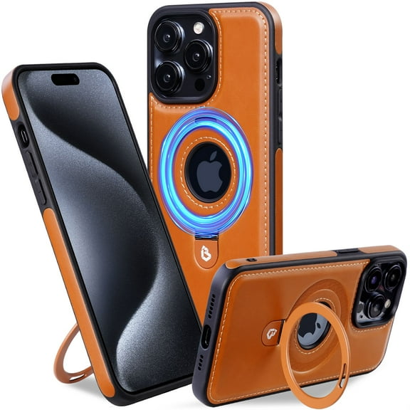 Dteck Case for iPhone 15 Pro ,Shockproof Leather Magnetic Mag Safe Case Hybrid Rubber Built-in invisible Mag Kickstand Cover, Brown