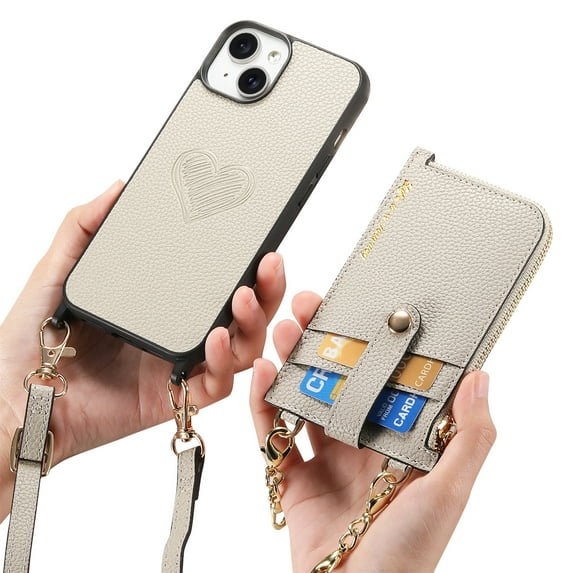 Dteck Case for iPhone 15,Shockproof Leather Back Case with Adjustable Shoulder Strap Detachable Wallet Zipper Wallet Bag Crossbody Phone Cover,Gray