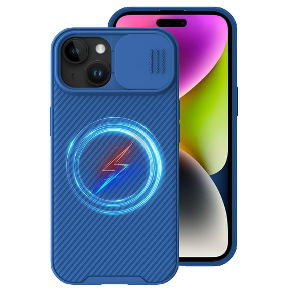 Dteck Case for iPhone 15,Shockproof Rubber Magnetic Mag-Safe Case Sliding Camera Cover Luxury Business Slim Back Case,Blue