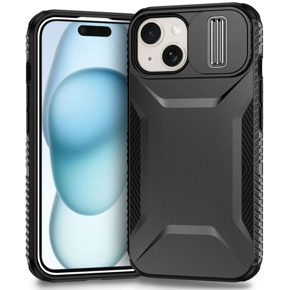 Dteck Case for iPhone 15,Shockproof TPU+PC Armor Case Slide Lens Protection Cover for iPhone 15,Black