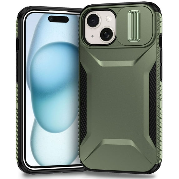 Dteck Case for iPhone 15,Shockproof TPU+PC Armor Case Slide Lens Protection Cover for iPhone 15,Darkgreen
