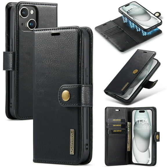 Dteck Case for iPhone 15 Wallet 2 in 1 Magnetic Detachable Folio Flip Leather Case for Men Women,Black