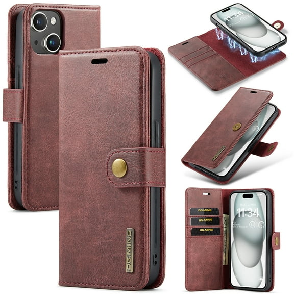 Dteck Case for iPhone 15 Wallet 2 in 1 Magnetic Detachable Folio Flip Leather Case for Men Women,Red