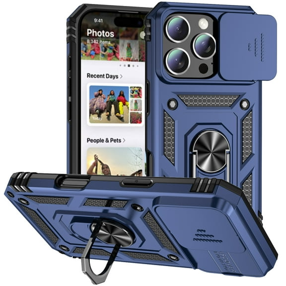 Dteck Case for iPhone 16 Plus,Heavy Duty with Slide Camera Protective Military Grade Phone Cover with Ring Kickstand Shockproof Rubber+ PC Case,Blue