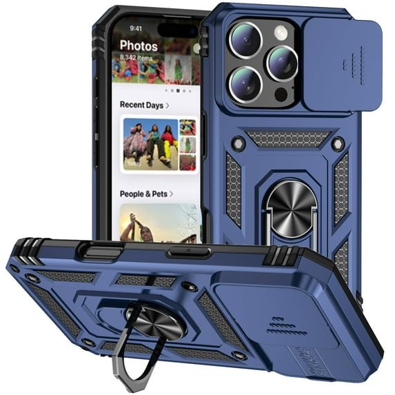 Dteck Case for iPhone 16 Pro,Heavy Duty with Slide Camera Protective Military Grade Phone Cover with Ring Kickstand Shockproof Rubber+ PC Case,Blue