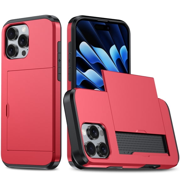 Dteck Case for iPhone 16 Pro Max,Heavy Duty Protective Dual Layer Shockproof Hidden Card Slot/ Holder Slim Wallet for Women&Men,Red