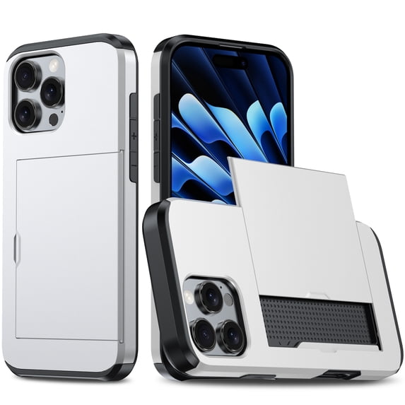 Dteck Case for iPhone 16 Pro Max,Heavy Duty Protective Dual Layer Shockproof Hidden Card Slot/ Holder Slim Wallet for Women&Men,Silver