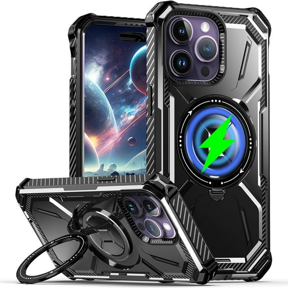 Dteck Case for iPhone 16 Pro Max,Magnetic Rubber Compatible with Mag-Safe Case Shockproof Invisible Kickstand Dual Layer Protective Armor Cover,Black