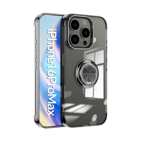 Dteck Case for iPhone 16 Pro Max,Shockproof Clear with Ring Stand Case Plating TPU Slim Back Cover for iPhone 16 Pro Max,Black