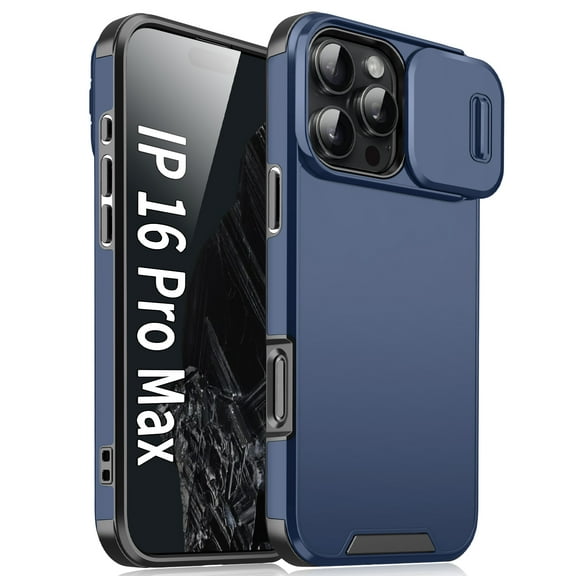 Dteck Case for iPhone 16 Pro Max,Shockproof TPU + PC Sliding Lens Cover Protection Military Grade Phone Case for iPhone 16 Pro Max,Blue