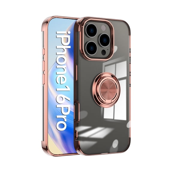 Dteck Case for iPhone 16 Pro,Shockproof Clear with Ring Stand Case Plating TPU Slim Back Cover for iPhone 16 Pro,Rosegold