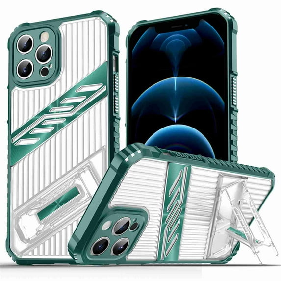 Dteck Case for iPhone 16 Pro with Built-in Invisible Bracket, Shockproof Anti-Fall Hybrid Non-Slip PC + TPU Dual Layer Protective Cover, Darkgreen