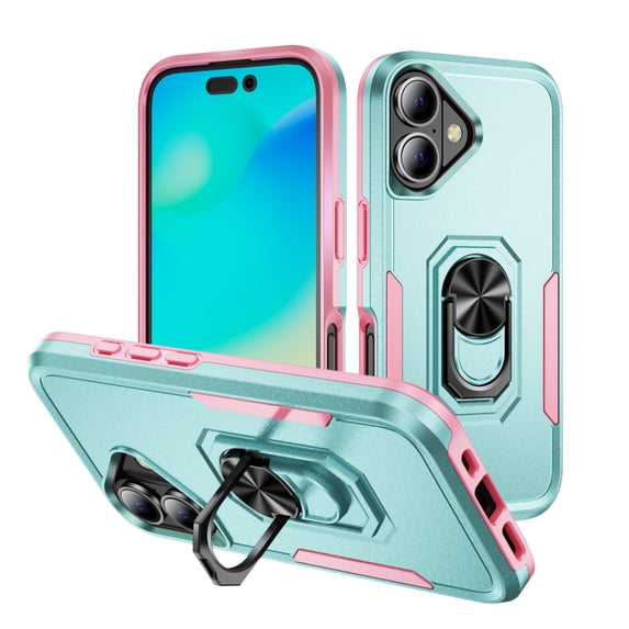 Dteck Case for iPhone 16,Shockproof Rubber Military Grade Drop Protection Dual Layer Case Ring Holder Kickstand Cover for iPhone 16, Green+Pink