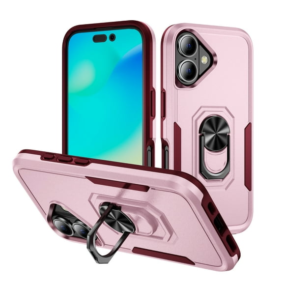 Dteck Case for iPhone 16,Shockproof Rubber Military Grade Drop Protection Dual Layer Case Ring Holder Kickstand Cover for iPhone 16,Pink