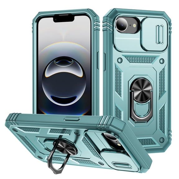 Dteck Case for iPhone 16e,iPhone 17e Shockproof Rugged Case Slide Camera Cover Protective Phone Case with Ring Stand Back Cover for iPhone 16e/17e,Mint