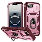 Dteck Case for iPhone 16e,iPhone 17e Shockproof Rugged Case Slide Camera Cover Protective Phone Case with Ring Stand Back Cover for iPhone 16e/17e,Pink